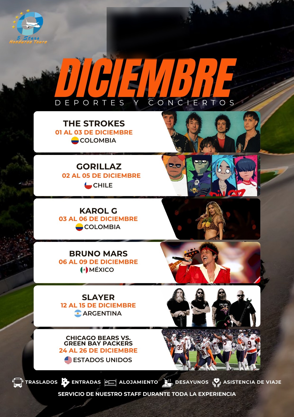 Flyer Diciembre — eventos deportivos y conciertos