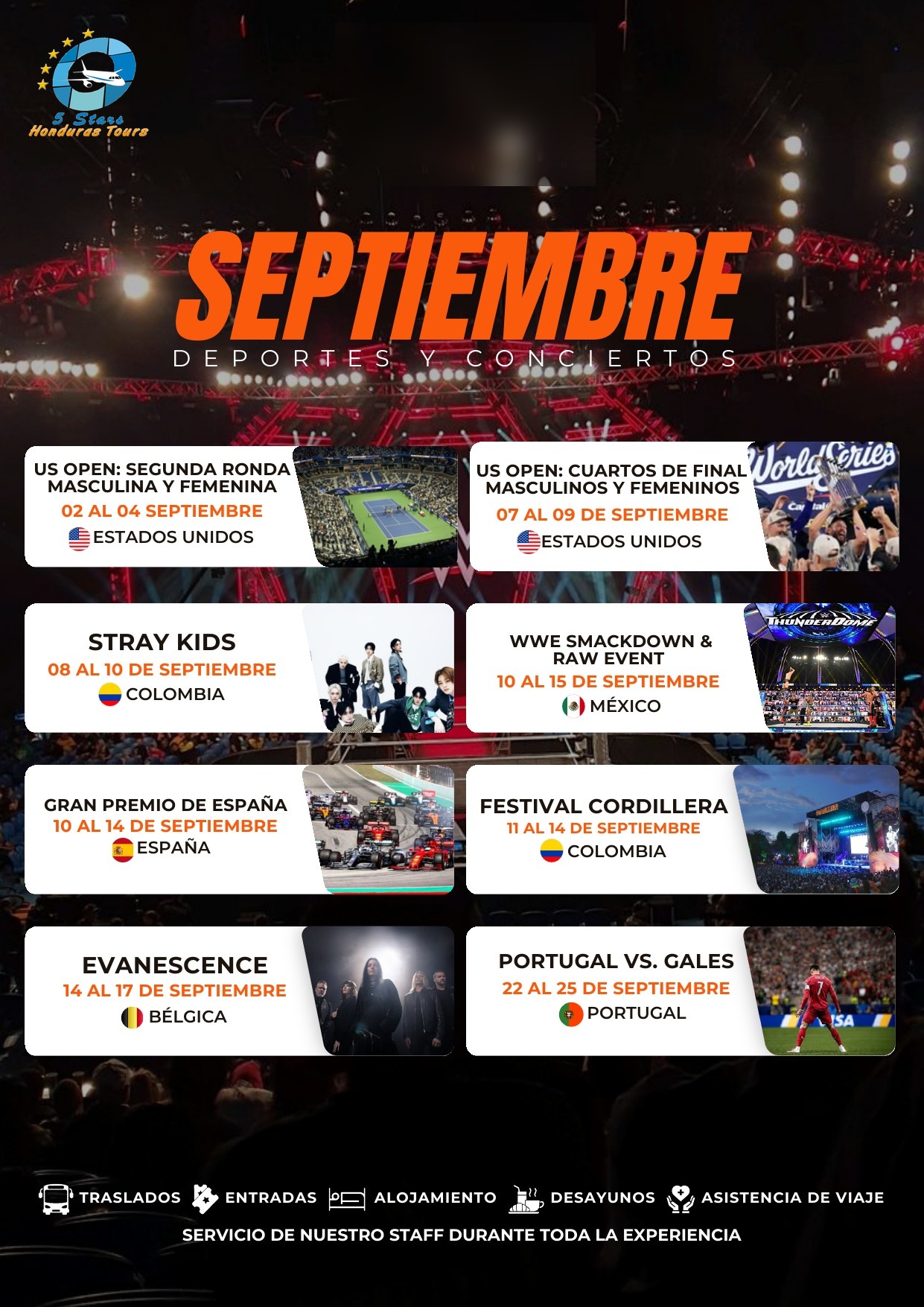 Flyer Septiembre — eventos deportivos y conciertos