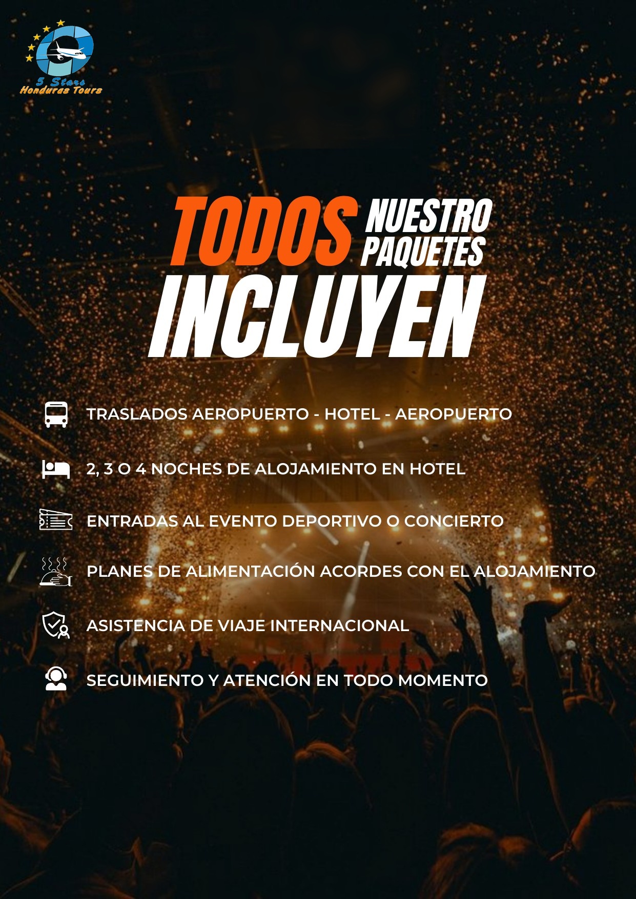 Flyer Todo lo que incluyen nuestros paquetes — eventos deportivos y conciertos
