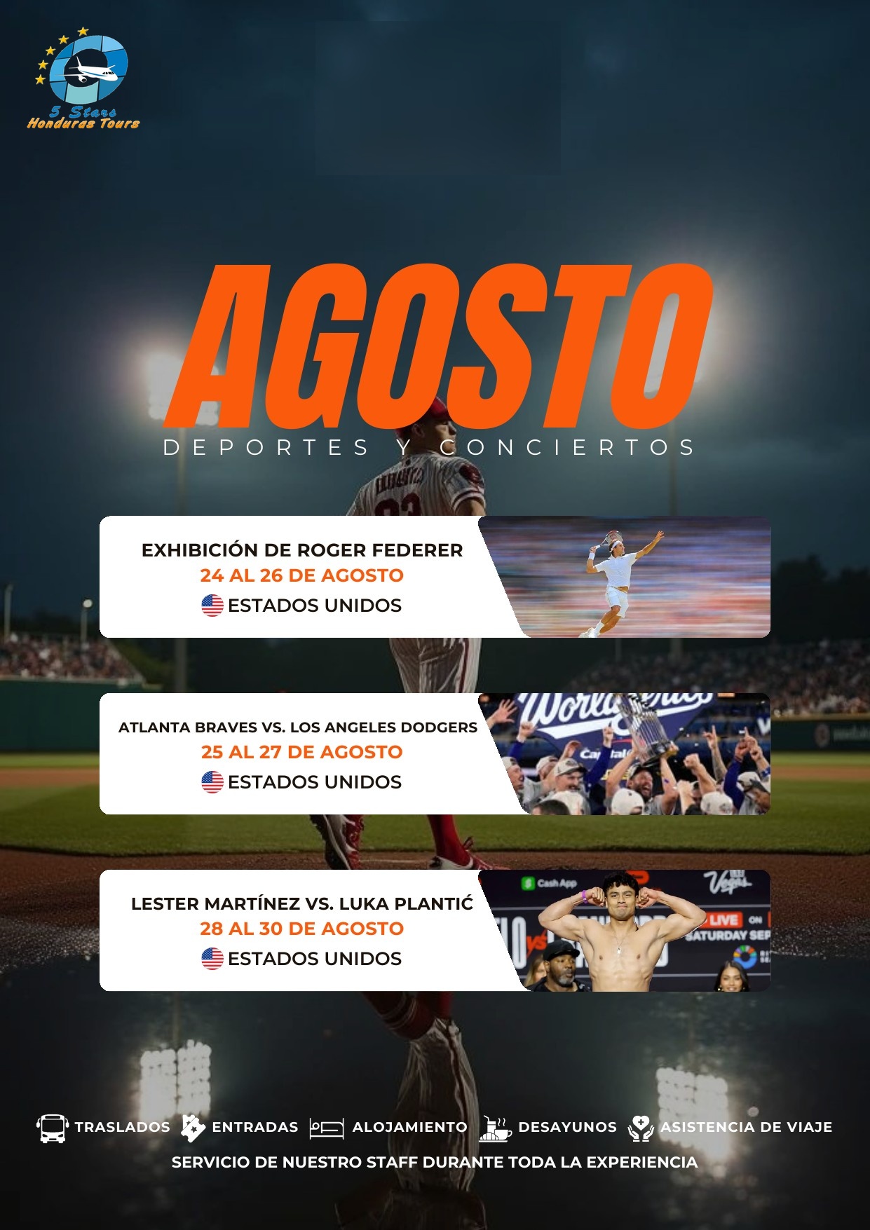 Flyer Agosto — eventos deportivos y conciertos